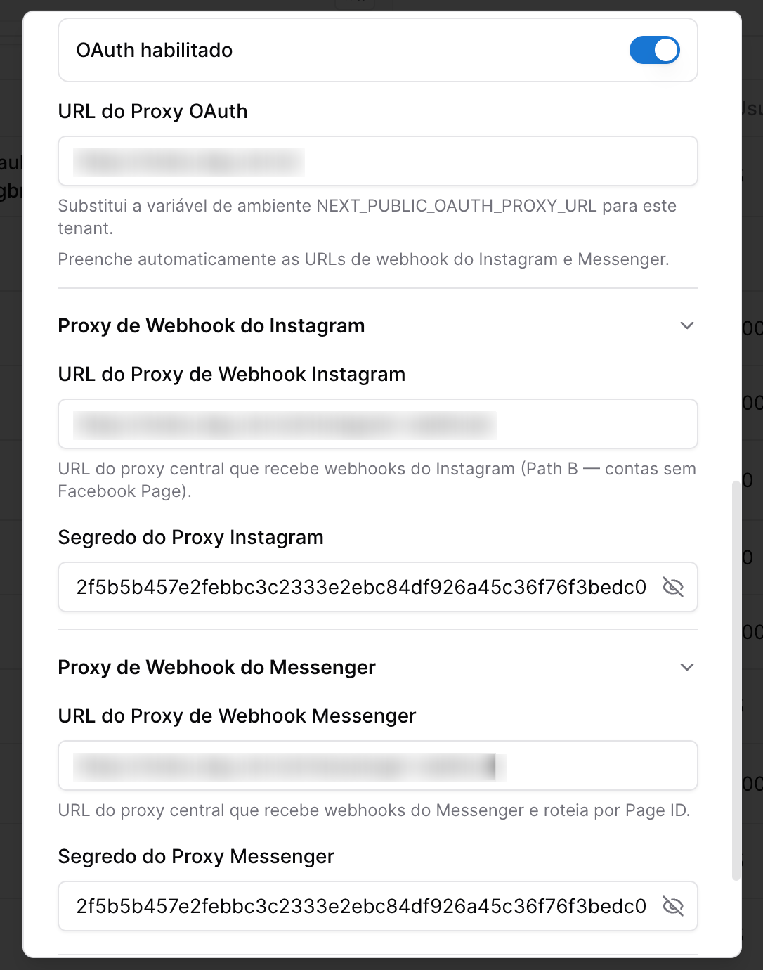 Teamzap - tela de configuração do Tenant - oauth instagram e facebook messenger
