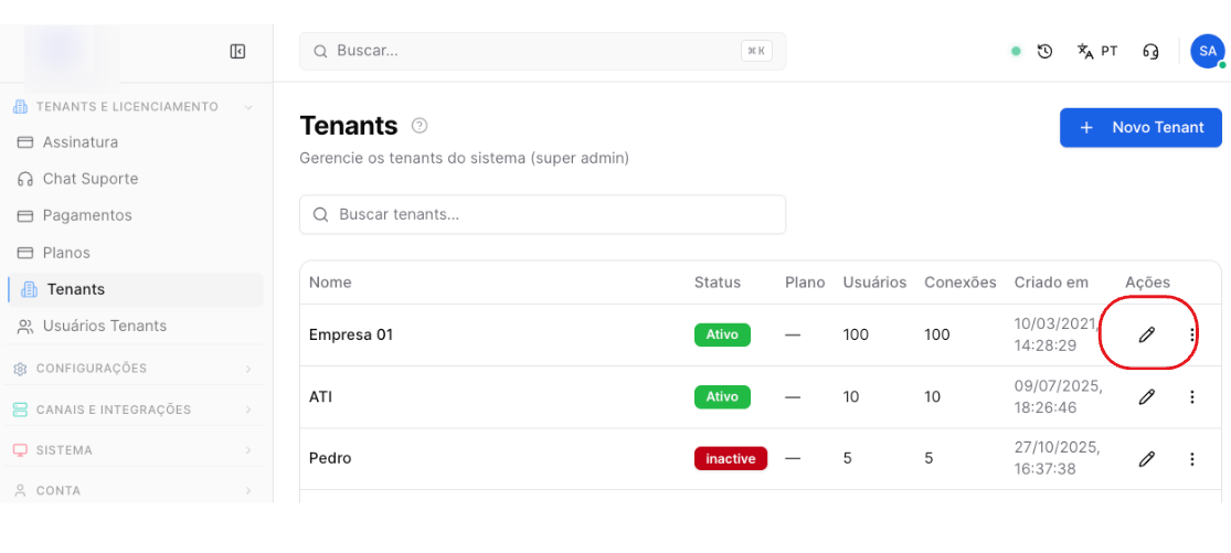 Teamzap - tela de gestão de Tenants - como editar tenant