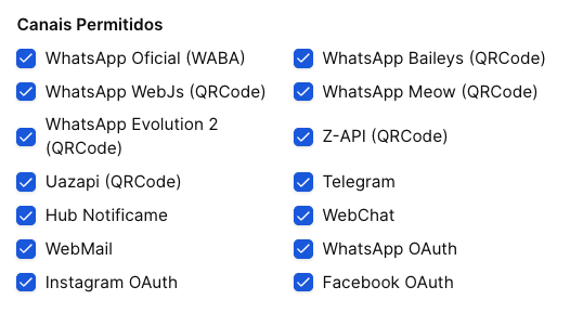 Teamzap - tela de configuração do Tenant - canais liberados